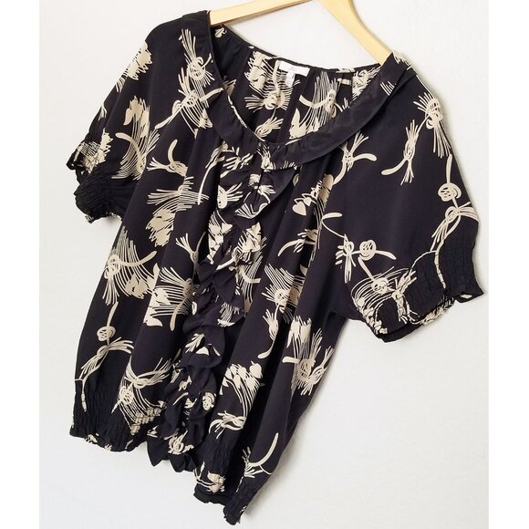 Joie Black Tan Beige Abstract Floral Ruffle 100% Silk Short Sleeve Blouse Top L - Picture 14 of 14